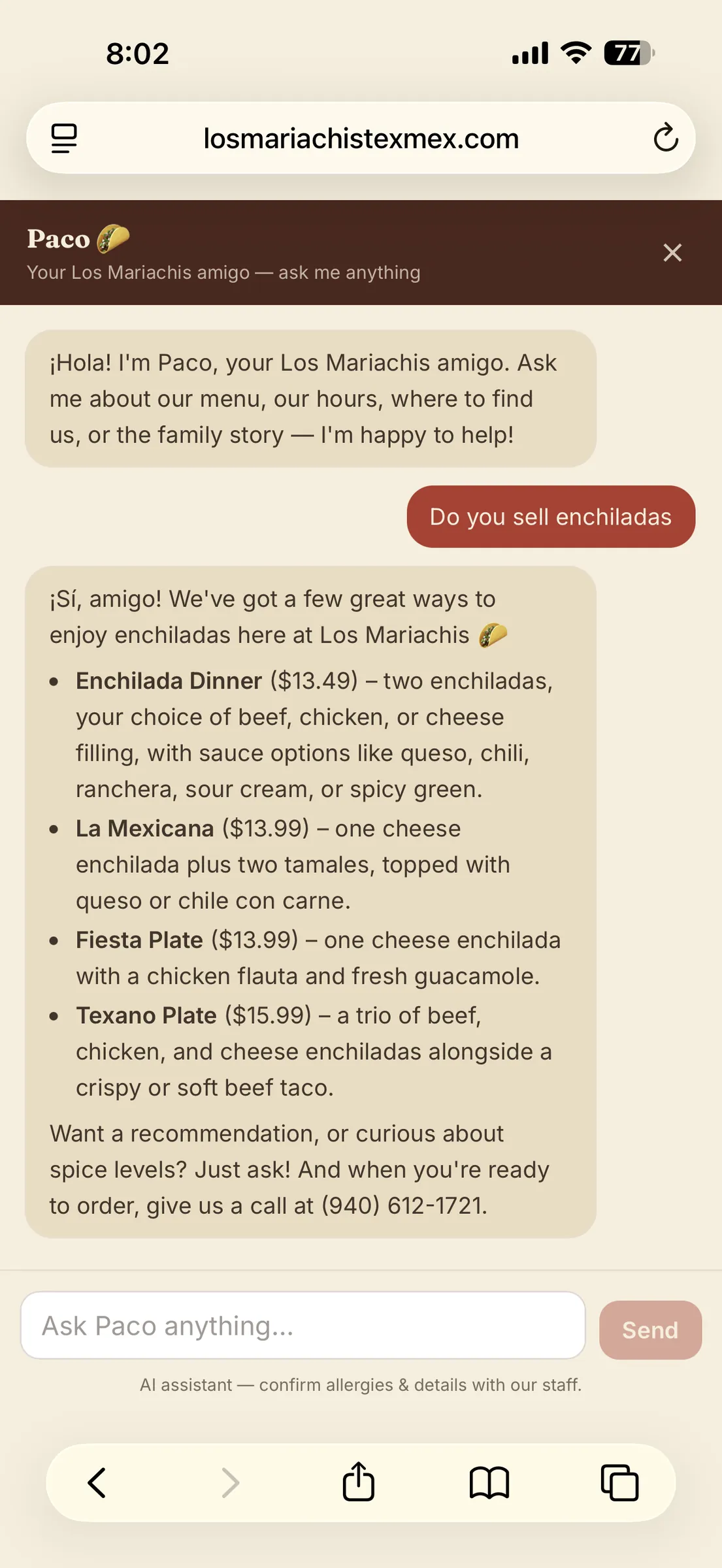 Los Mariachis Mobile AI Chat Concierge Portfolio Example - Stelviq Digital Consulting